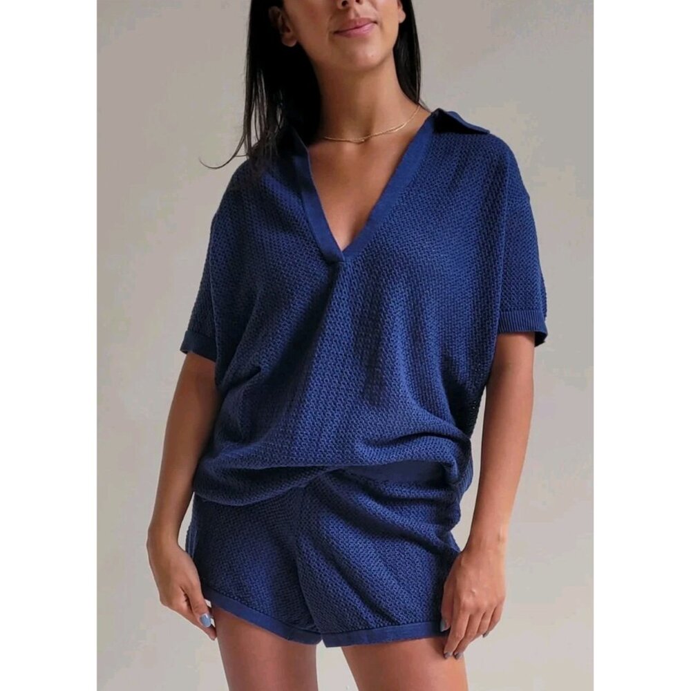 Pact Women’s Beachside Crochet Tunic Polo Sz (L) Linen Knit Navy V-Neck Coastal